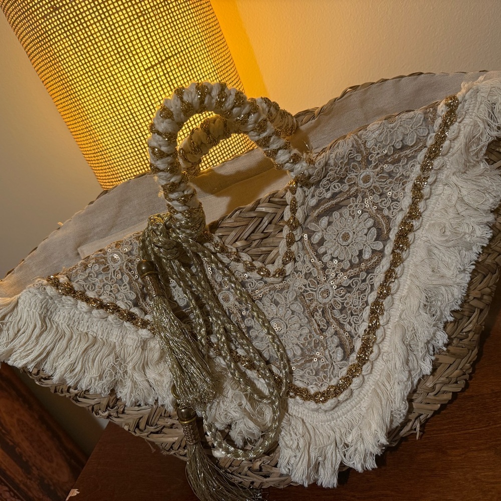 Embroidered Handmade Fringe Boho Basket Bag in Cream & Gold